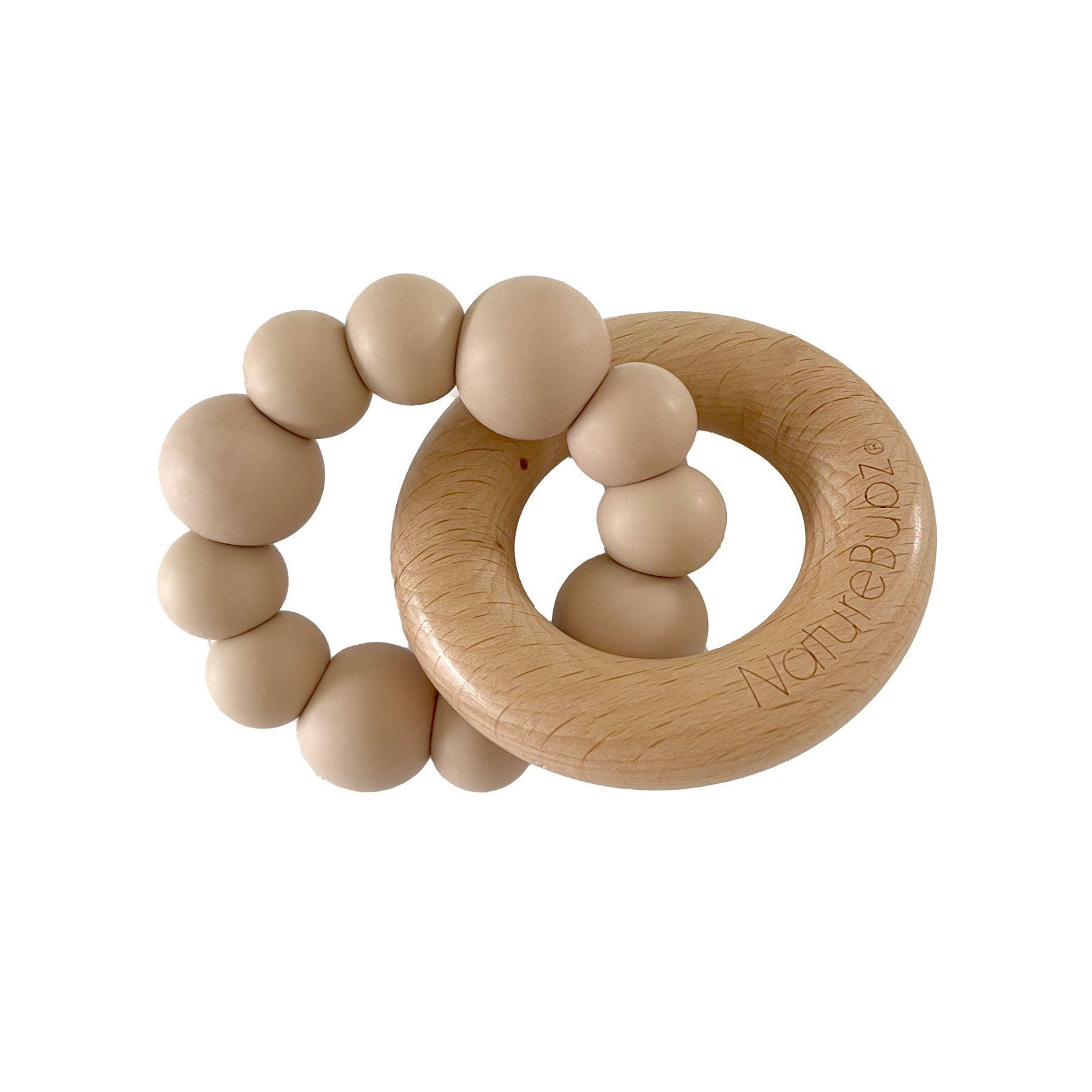 Nature Bubz Baby Silicone Cove Teether in Oatmeal Colour with a white background